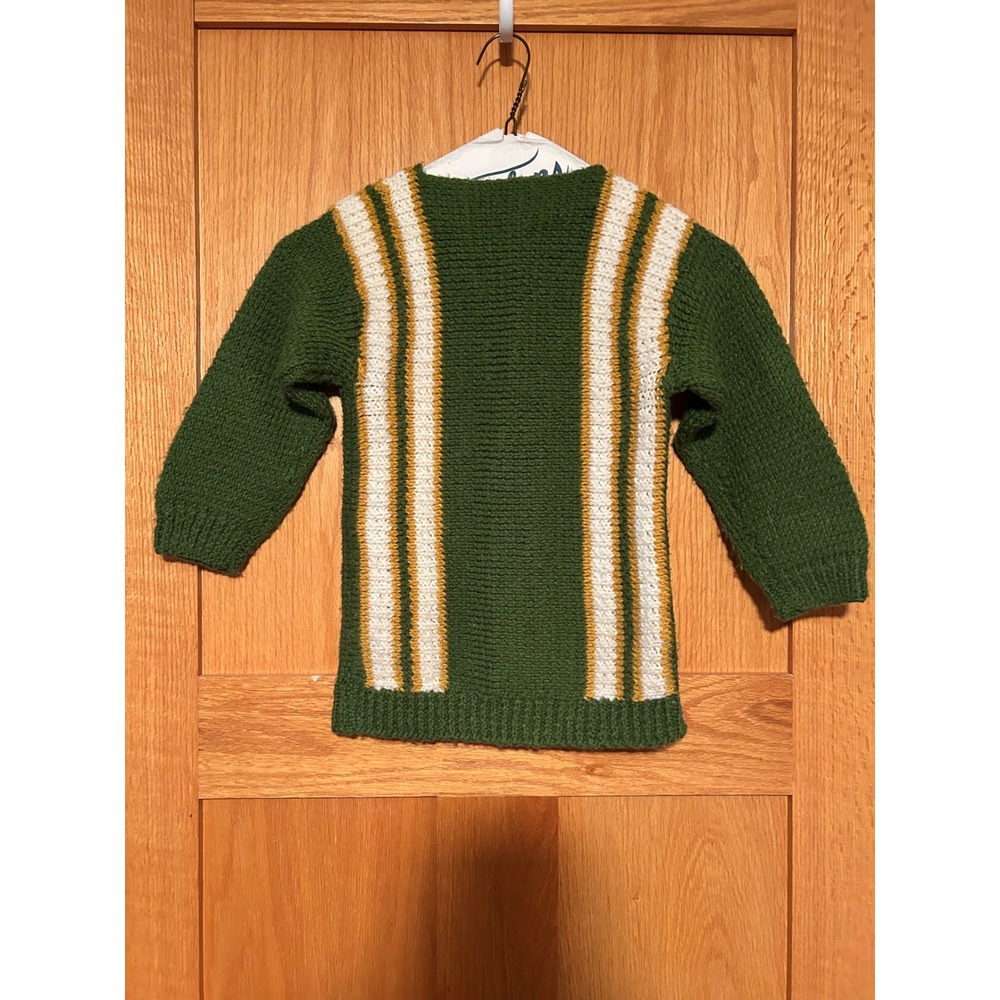 Vintage Handmade Knit Kids Sweater Green White Gold Racing Stripe Pullover